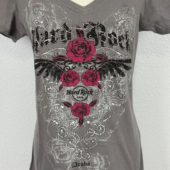 Hard Rock Cafe Aruba Womens Gray V-Neck Graphic T-Shirt Pink Roses Rhinestone S - Picture 2 of 10